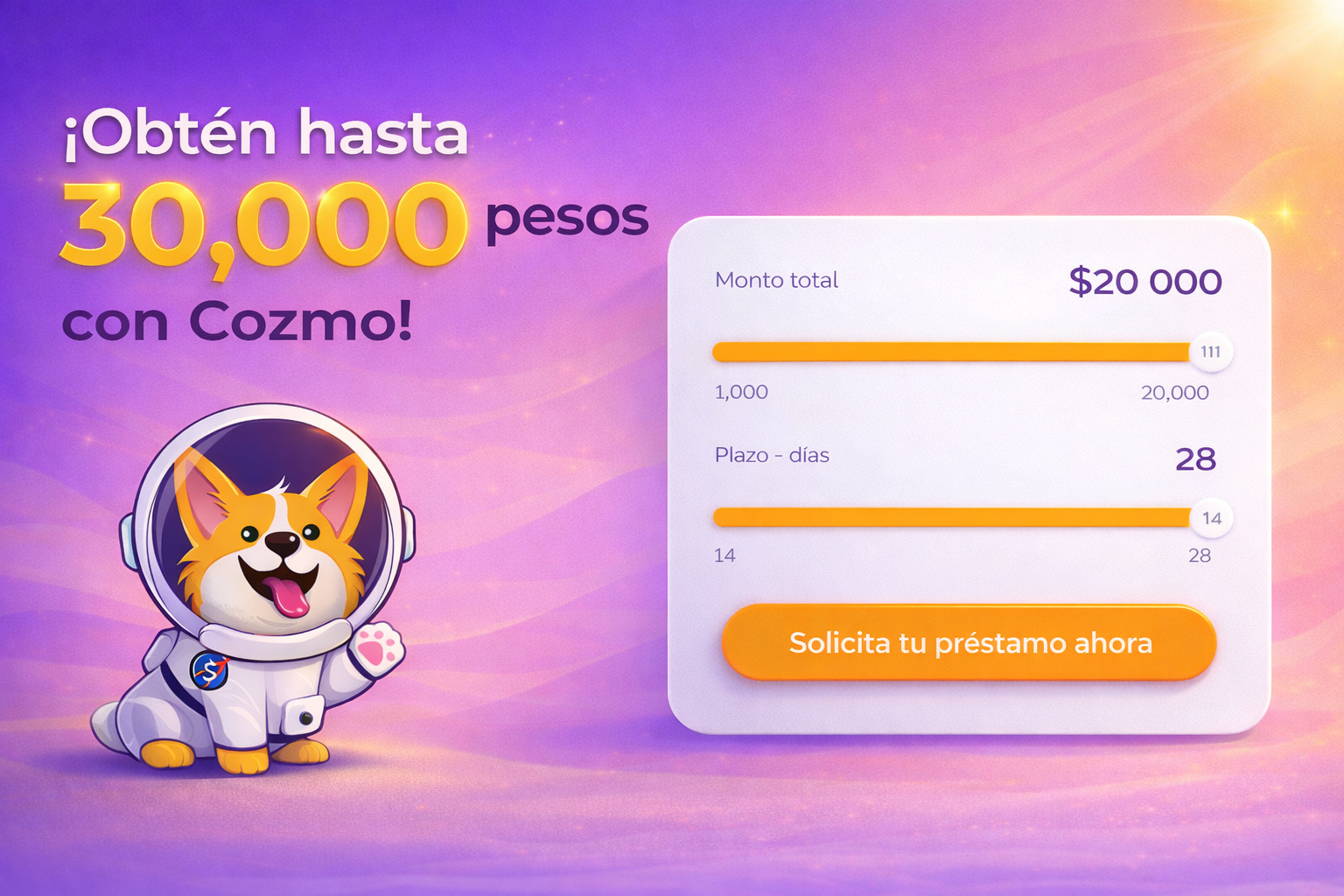 Hero-visuaal maskotiga, lubadusega kuni 30 000 pesot ning mini-UI kaardiga summa ja perioodi kohta.