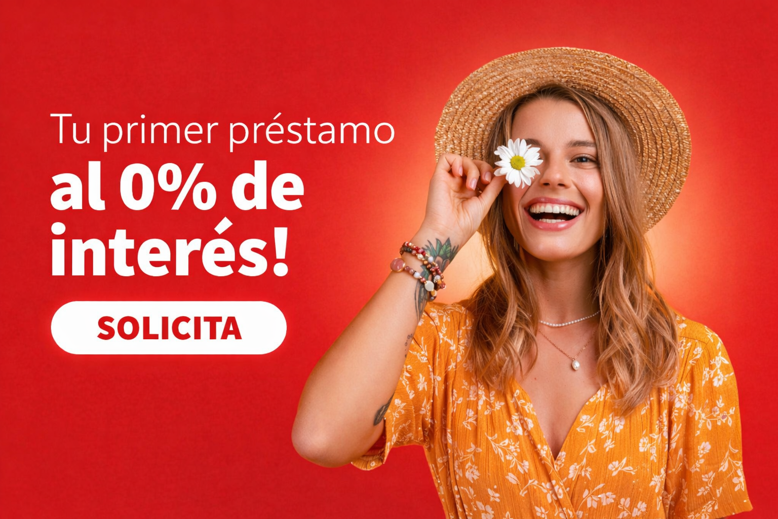 Punase taustaga hero: suur lubadus 0% intressist, pill-stiilis CTA ning naeratav inimene ostukottidega.